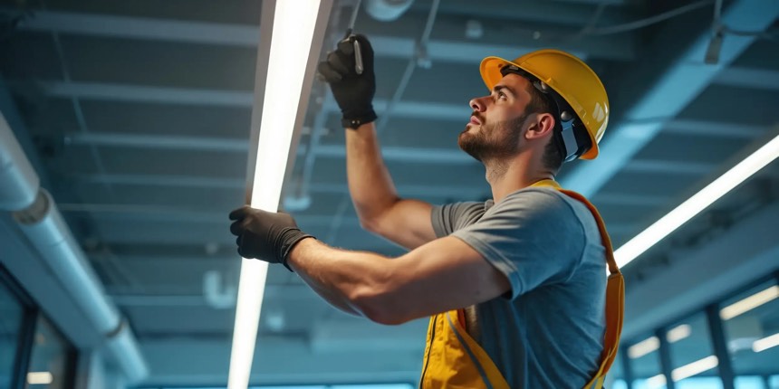 Electrician in hi-vis and hard hat installing LED lighting in a commercial warehouse unit
